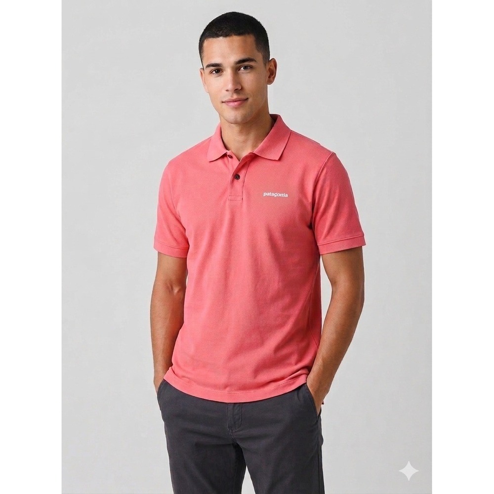Patagonia Mens Organic Cotton Pique Polo Shirt Coral Pink Large Short Sleeve